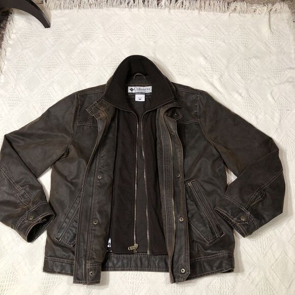 Columbia Men's Bomber Faux Leather Lined Jacket / Coat Size Medium Brown - Picture 6 of 16
